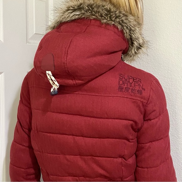 SUPERDRY Tall Marl Toggle Puffle Jacket Burgundy Puffer Hooded Coat Size 2 US - Picture 11 of 16